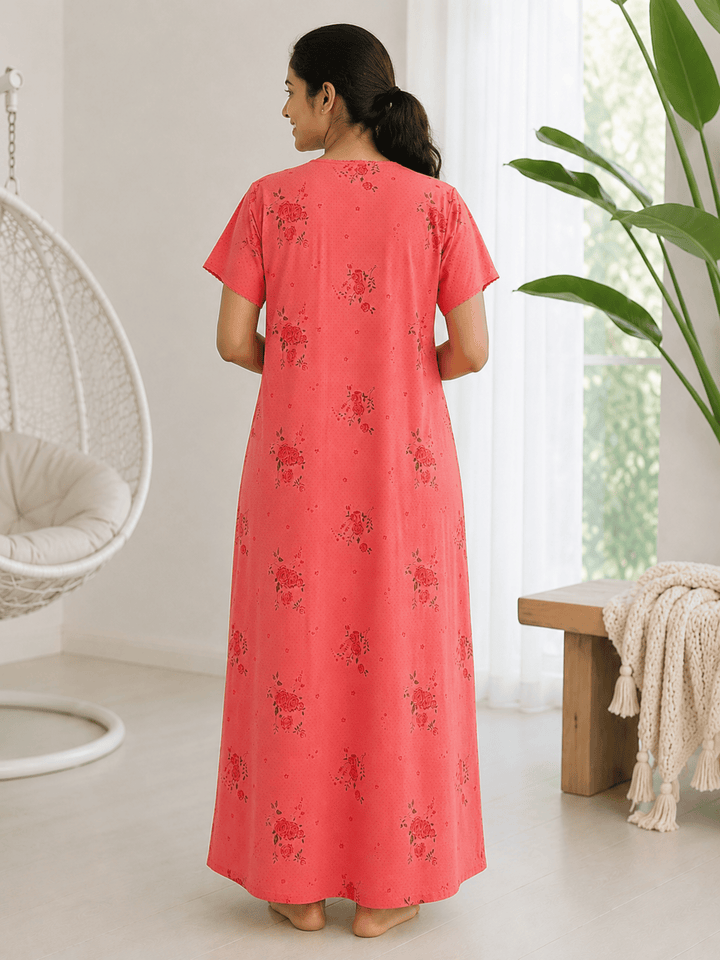 Ruby Cotton Blend Floral Embroidered Nighty for Women