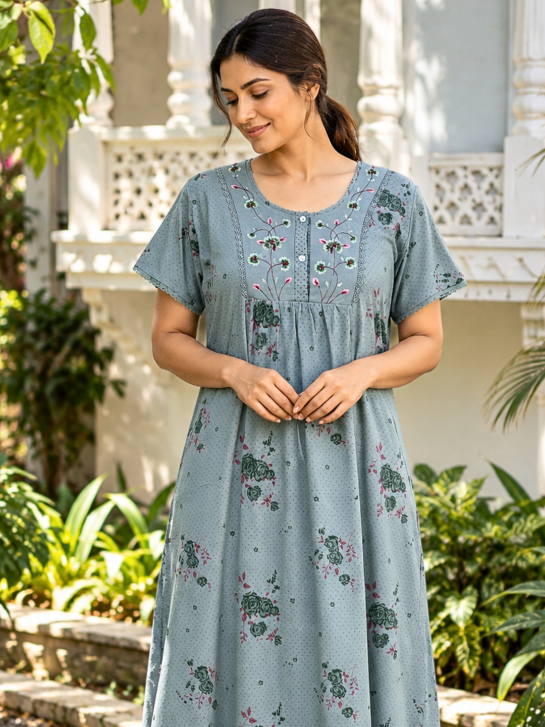 Mist Green Floral Print Cotton Blend Nighty for Women