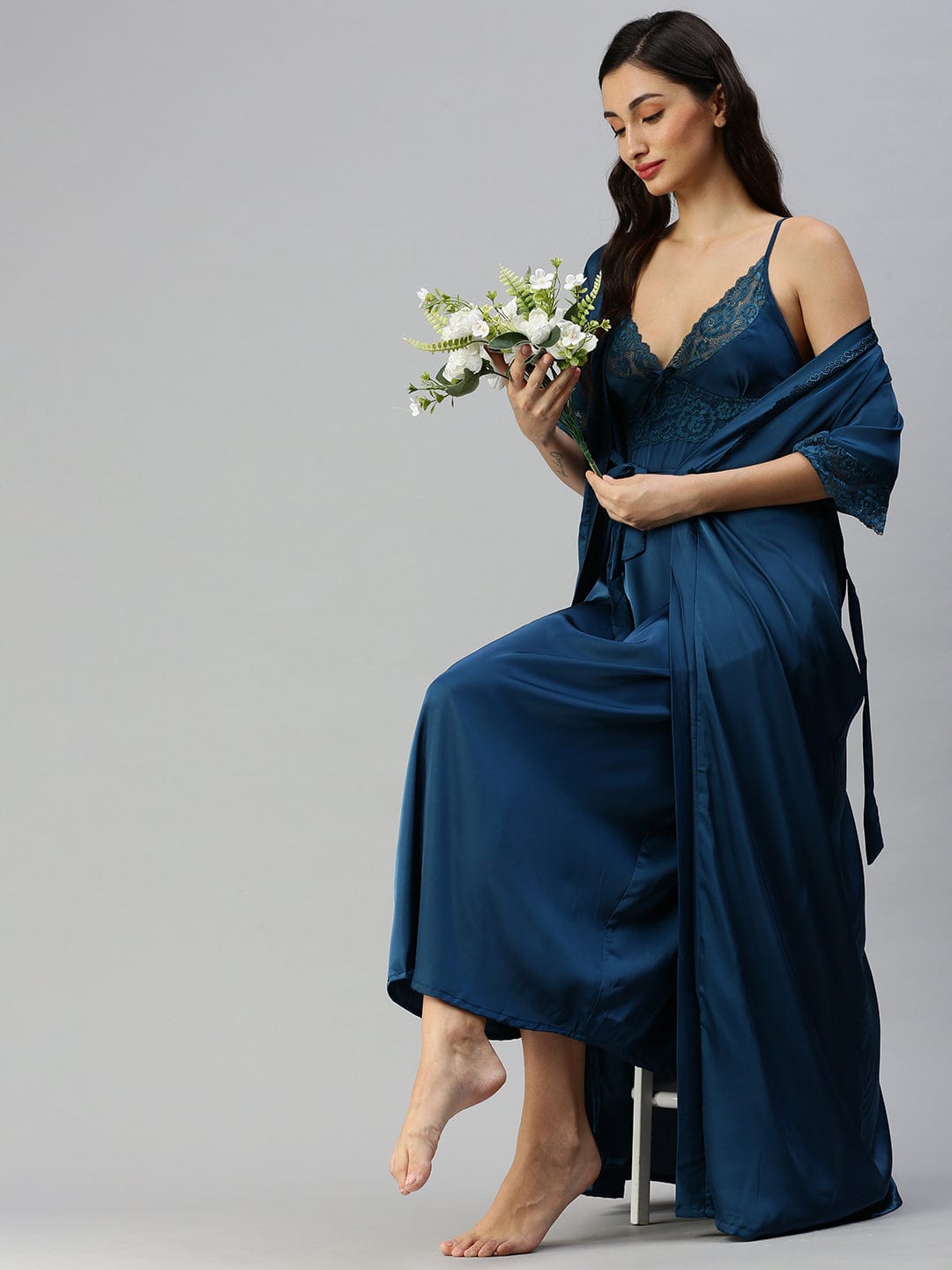 Satin luxury robe with Long Gown | Turquoise Blue