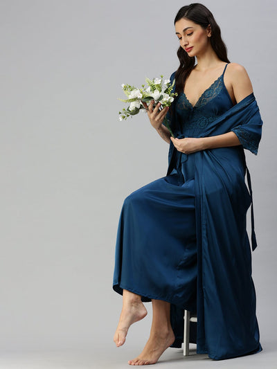 Satin luxury robe with Long Gown | Turquoise Blue