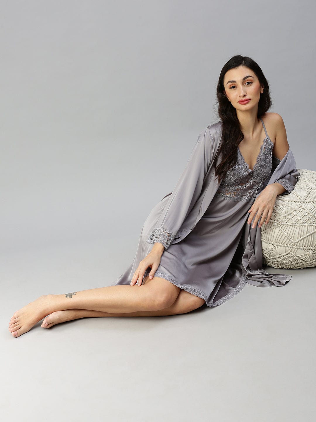 Satin luxury Short robe with Short Gown | Sliver
