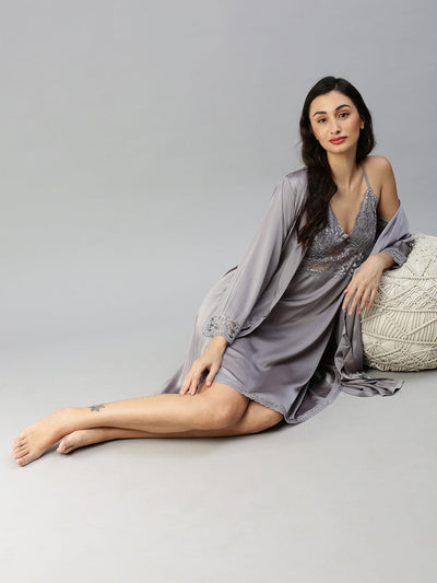 Satin luxury Short robe with Short Gown | Sliver