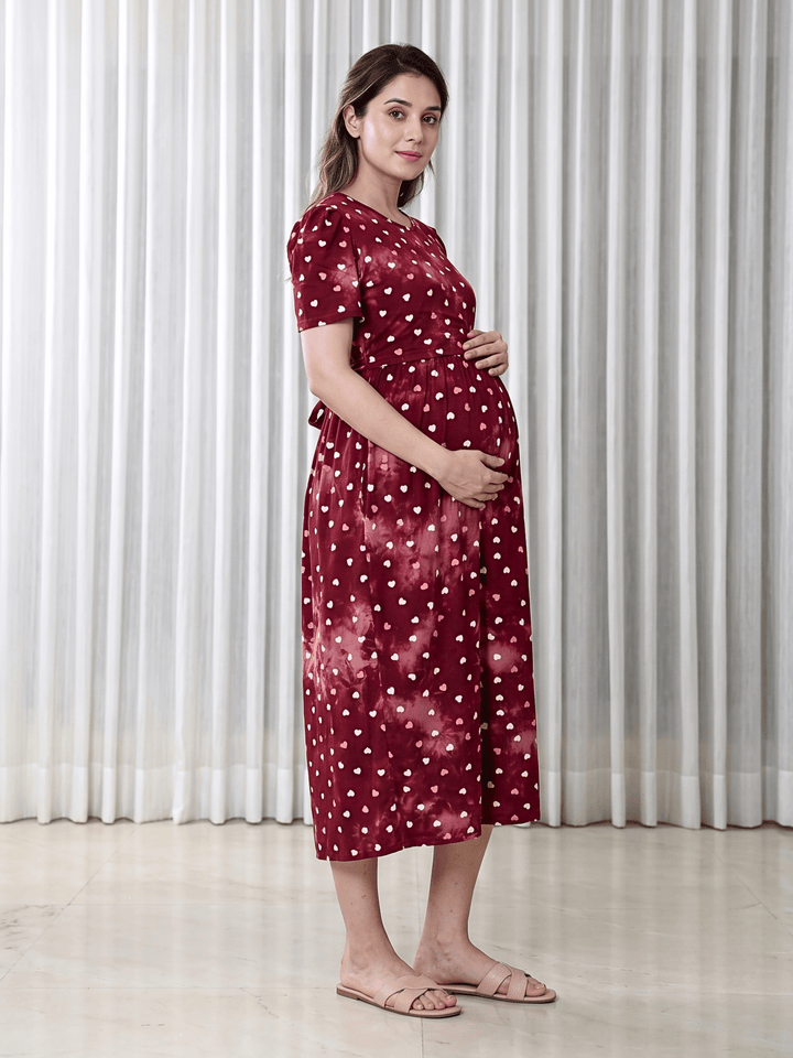 Red Heart Print Hosiery Cotton Maternity Nighty with Feeding Flap