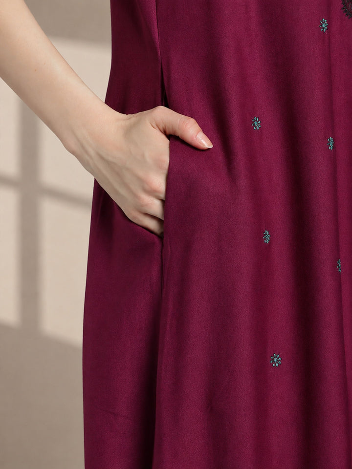 Raatrani Plum Pink Alpine Designer Nighty for Women with Embroidery