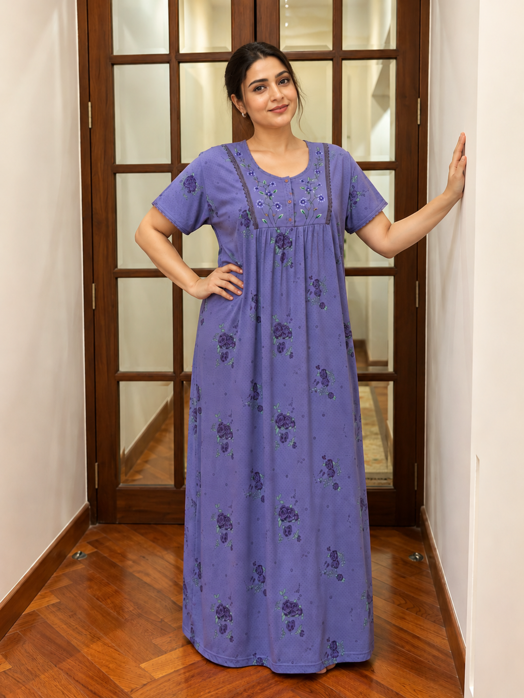 Purple Cotton Blend Embroidered Maxi Nighty for Women