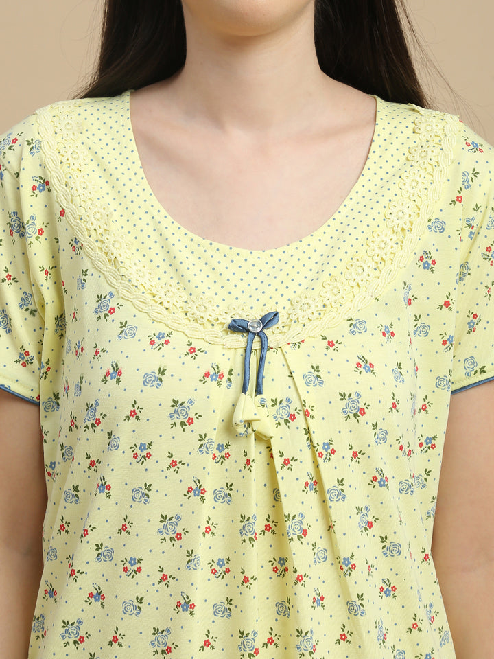 Yellow Floral Print Cotton Blend Designer Nighty for Women