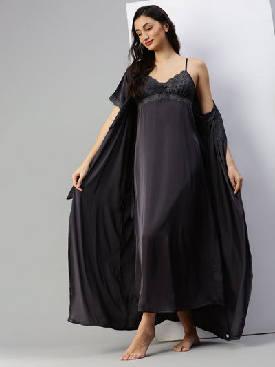 Satin luxury robe with Long Gown | Black