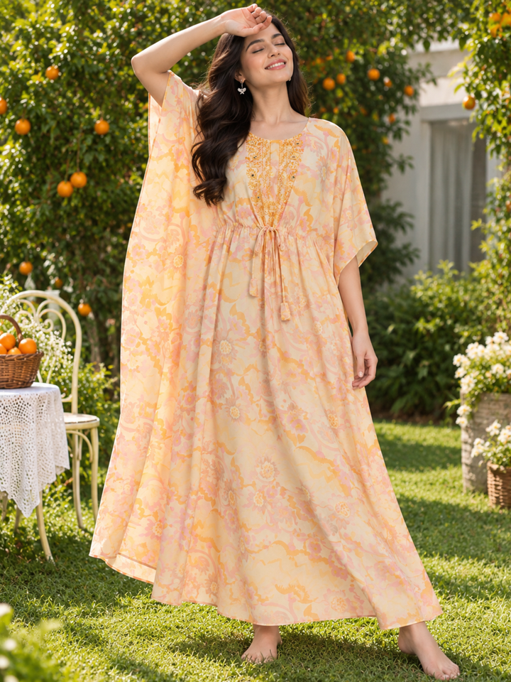 Golden Yellow Floral Cotton Kaftan Nighty for Women