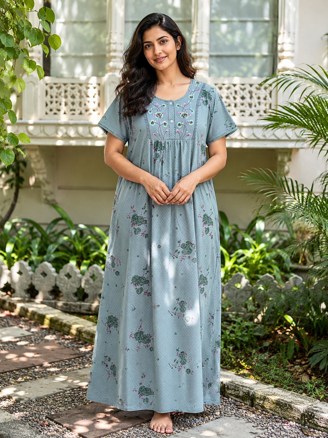 Mist Green Floral Print Cotton Blend Nighty for Women