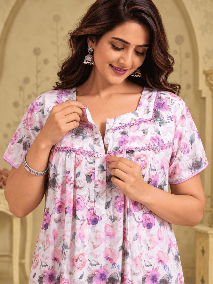 Cotton Chikankari Purple Floral Nighty with Pocket and Lace