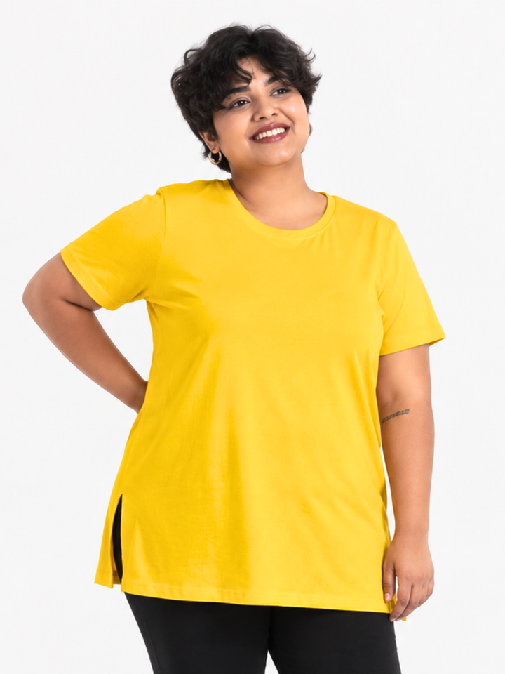 Fire Yellow Long T Shirt Nighty in Hosiery Cotton Comfort Fit