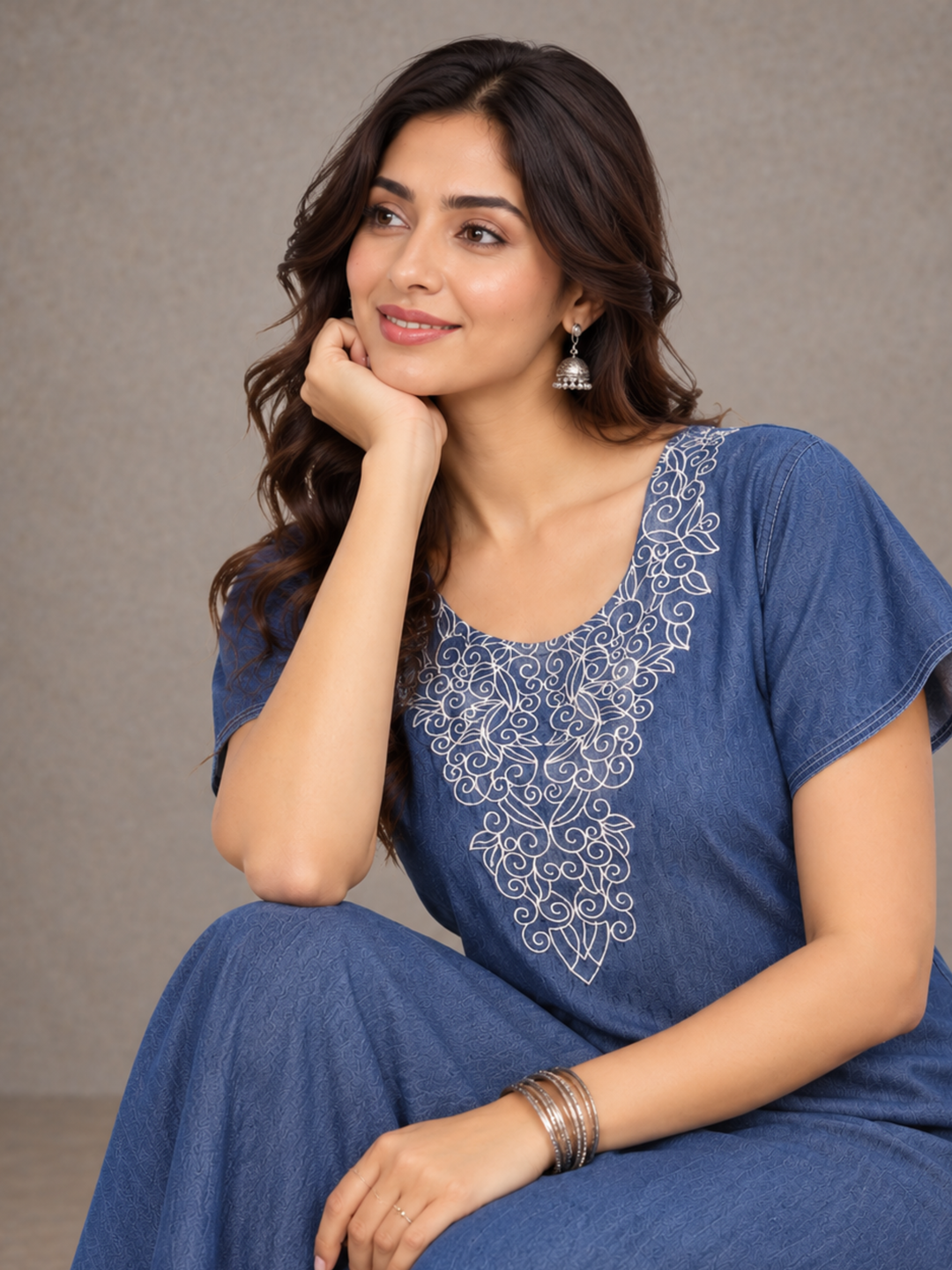 Denim Blue Embrace Embroidered Nighty - Luxurious Cotton Comfort