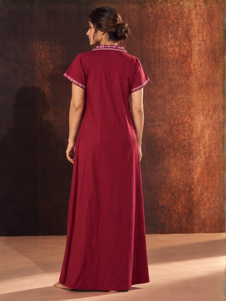 Collared Alpine Nighty with Embroidered Placket and Pocket in Dark Red