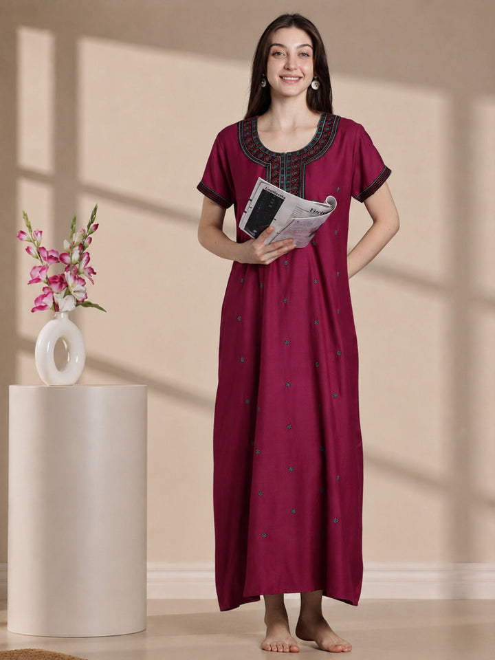 Raatrani Plum Pink Alpine Designer Nighty for Women with Embroidery