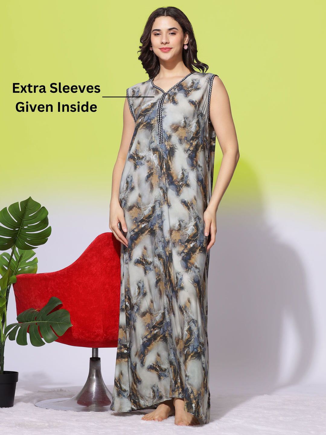  Olive Green Sleeveless Designer Nighty for Women. 