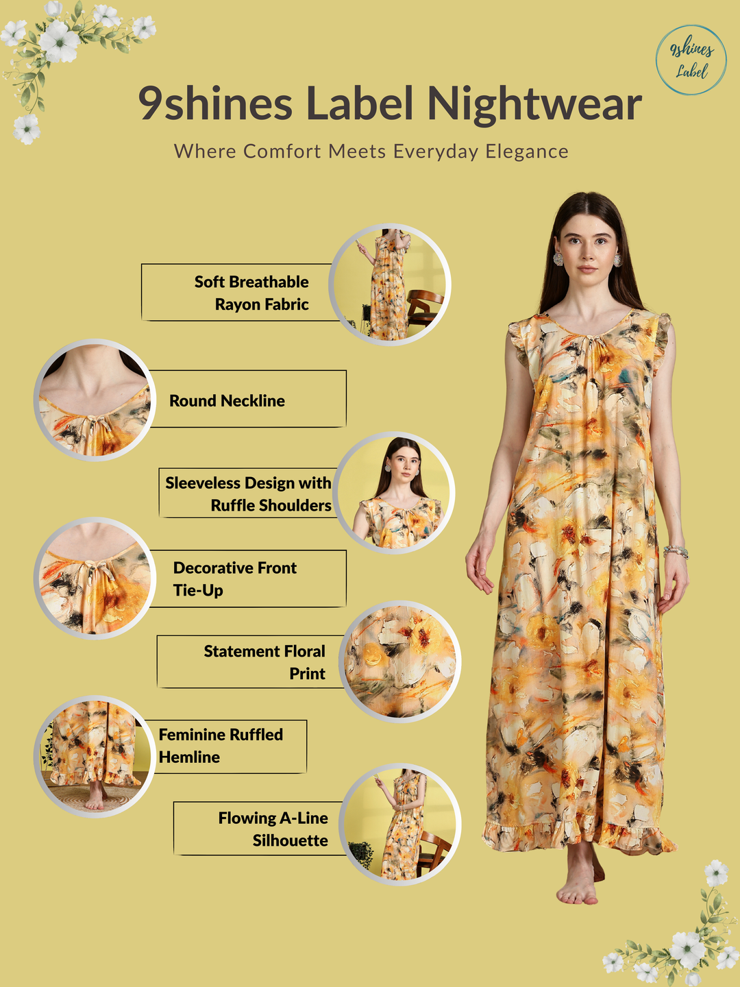 Rayon floral flower yellow sleeveless night dress for women