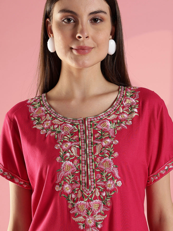 Raatrani Pink Alpine Designer Nighty - Stylish Comfort with Intricate Embroidery