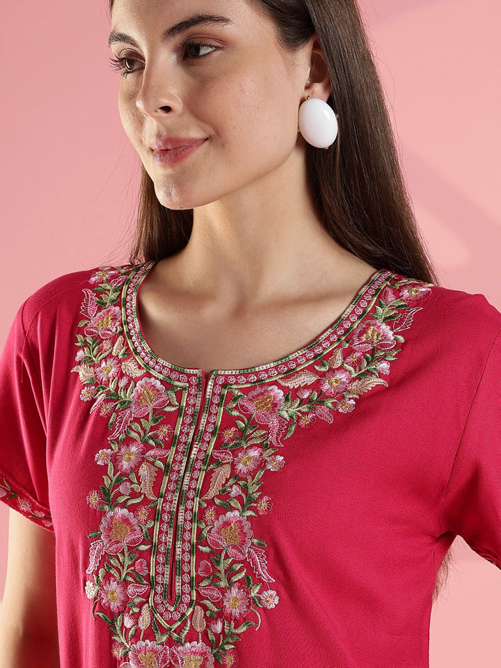 Raatrani Pink Alpine Designer Nighty - Stylish Comfort with Intricate Embroidery