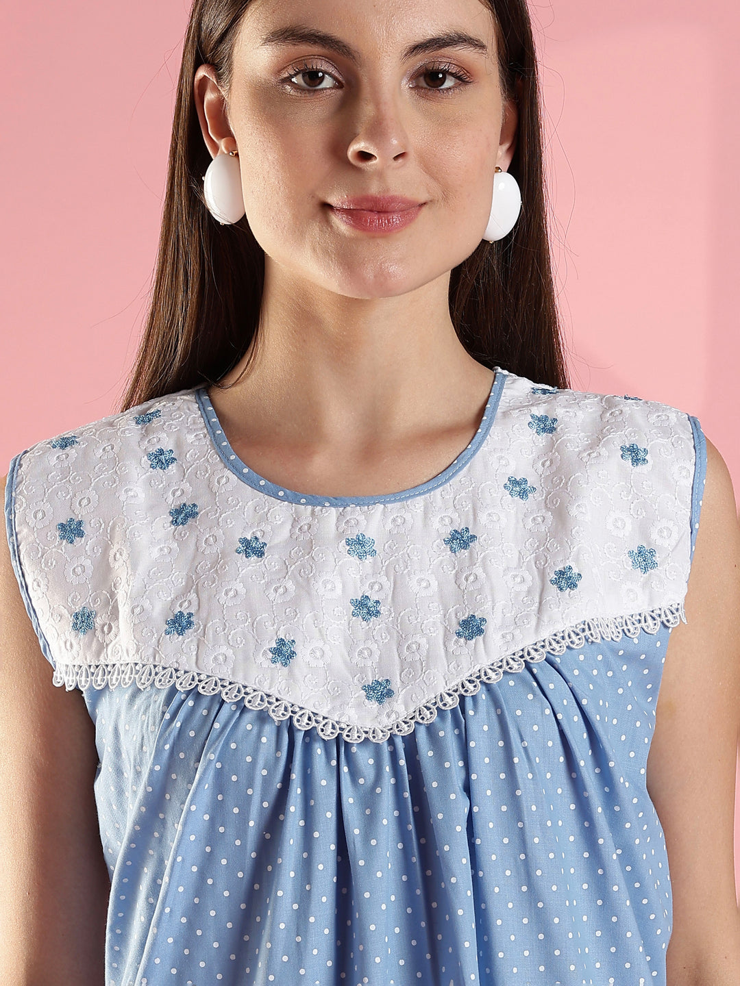 Blue Polka Cotton Sleeveless Nighty with Lace Yoke and Pocket