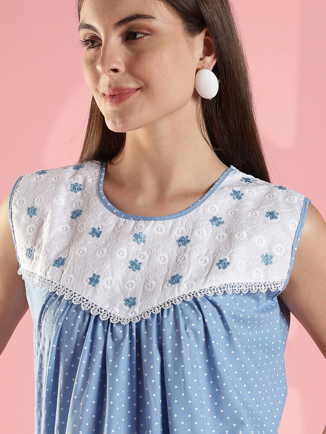 Blue Polka Cotton Sleeveless Nighty with Lace Yoke and Pocket