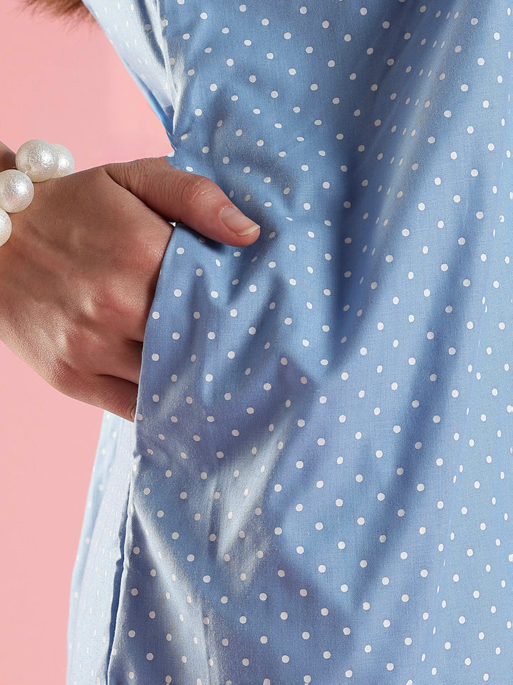 Blue Polka Cotton Sleeveless Nighty with Lace Yoke and Pocket