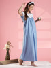 Blue Polka Cotton Sleeveless Nighty with Lace Yoke and Pocket