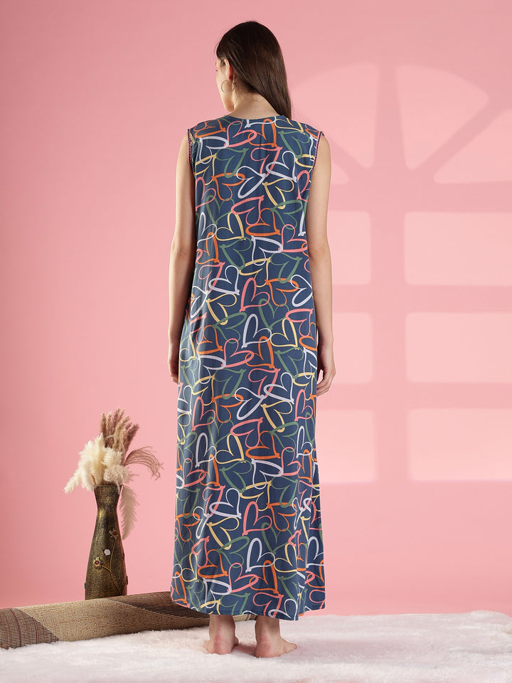 Denim Heart Print Rayon Nighty Sleeveless A Line Fit