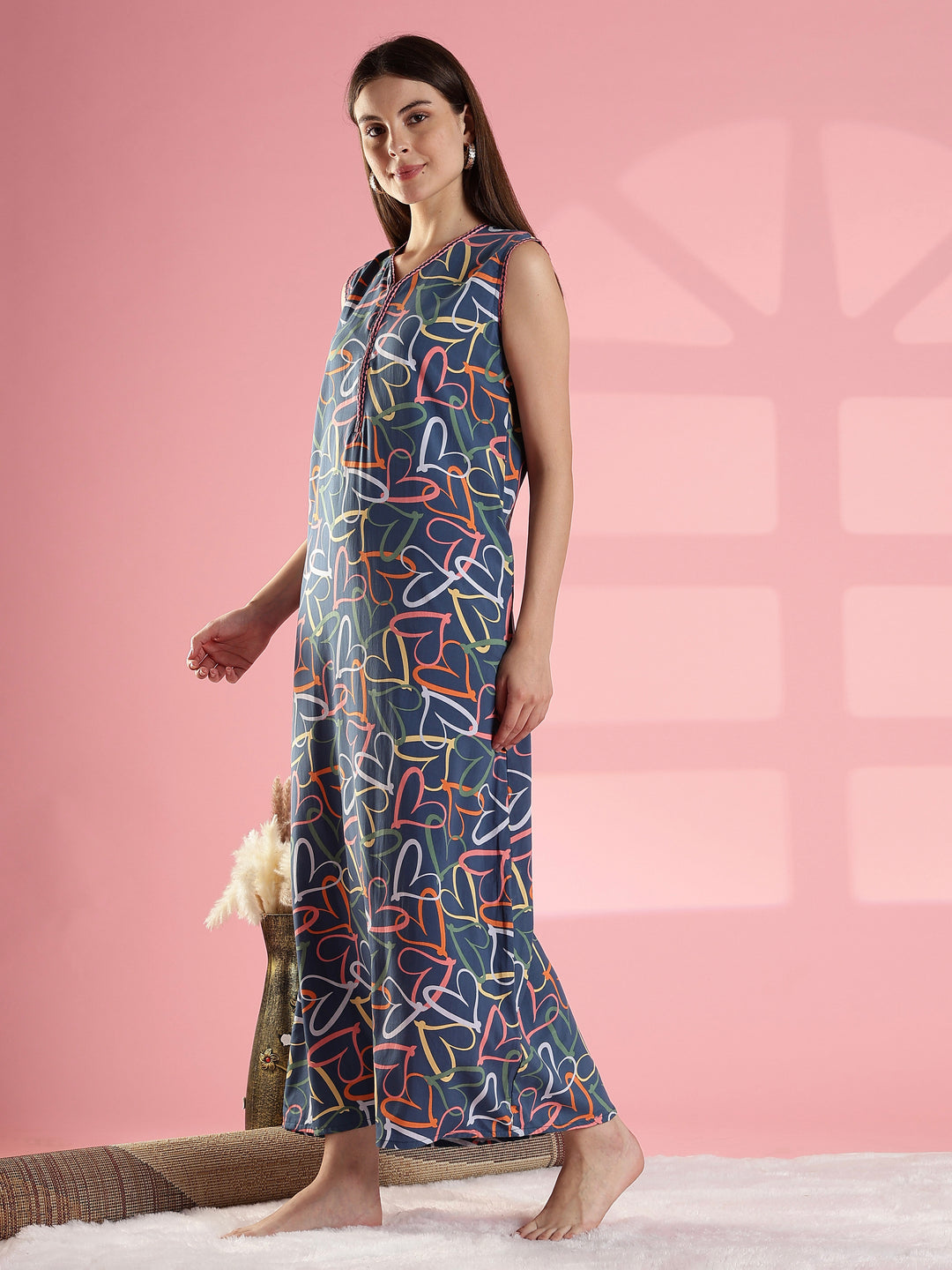 Denim Heart Print Rayon Nighty Sleeveless A Line Fit