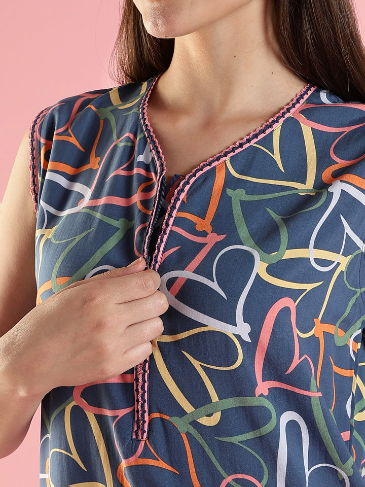 Denim Heart Print Rayon Nighty Sleeveless A Line Fit