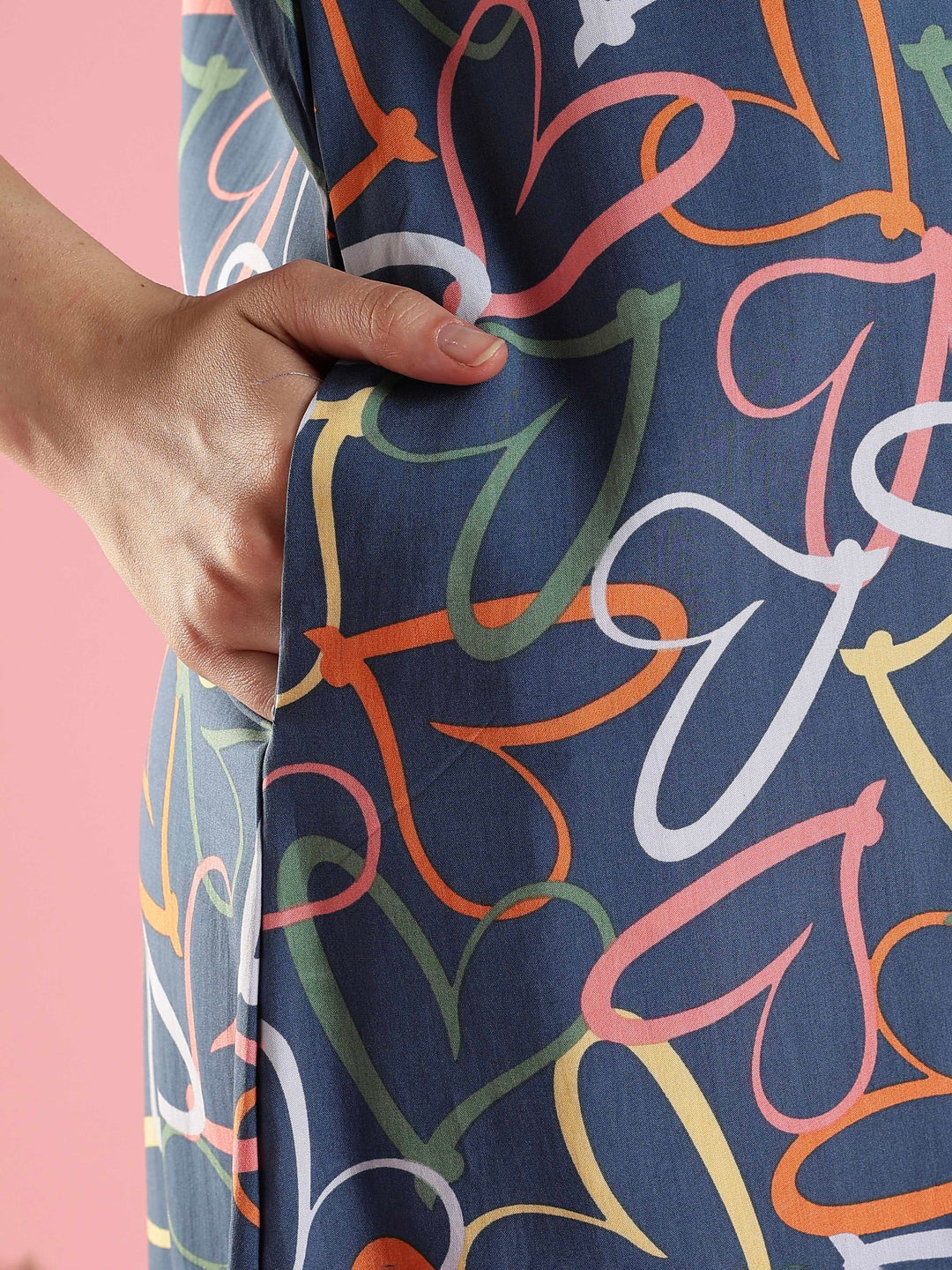 Denim Heart Print Rayon Nighty Sleeveless A Line Fit