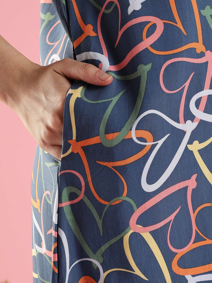 Denim Heart Print Rayon Nighty Sleeveless A Line Fit