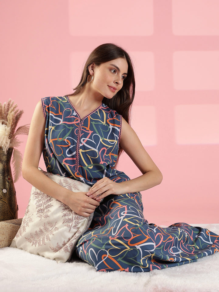 Denim Heart Print Rayon Nighty Sleeveless A Line Fit