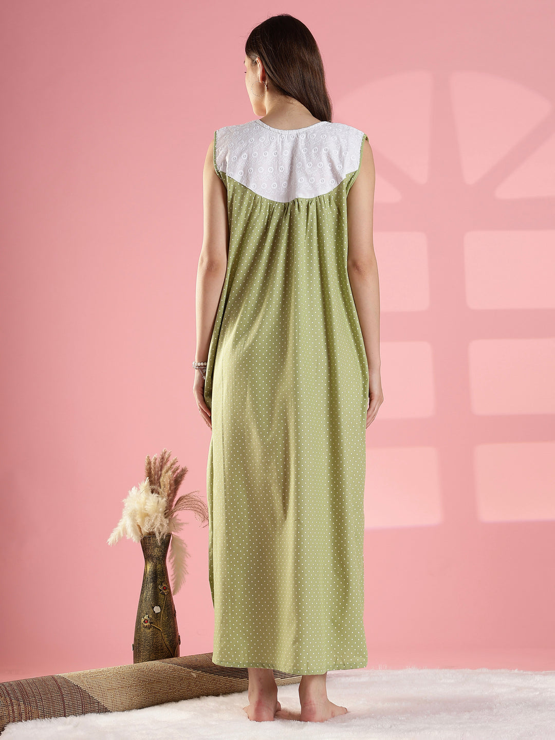 Green Polka Cotton Sleeveless Nighty with Lace Yoke Design