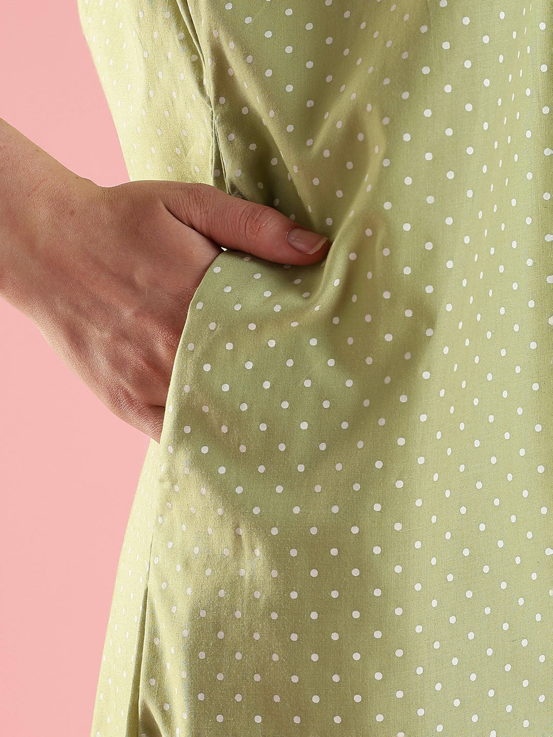 Green Polka Cotton Sleeveless Nighty with Lace Yoke Design