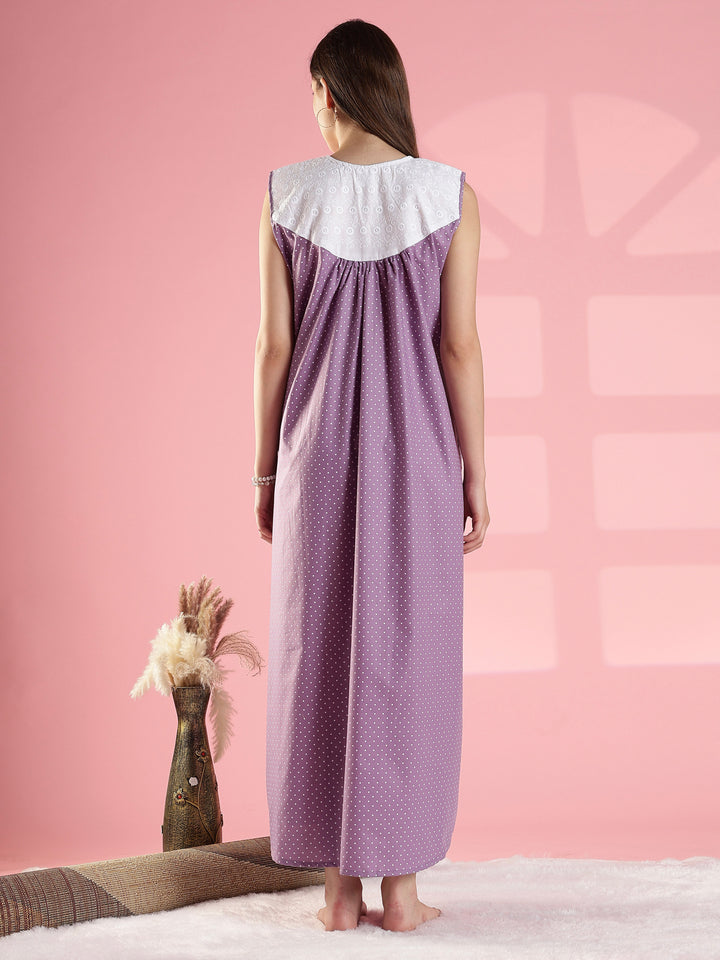 Purple Polka Cotton Sleeveless Nighty with Lace Yoke Detail