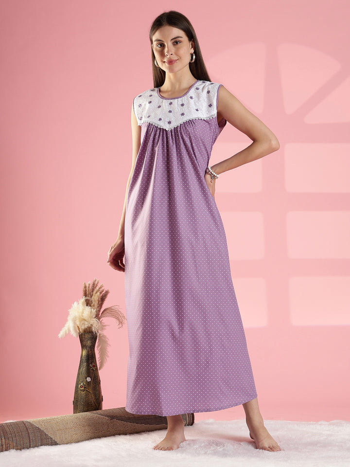 Purple Polka Cotton Sleeveless Nighty with Lace Yoke Detail