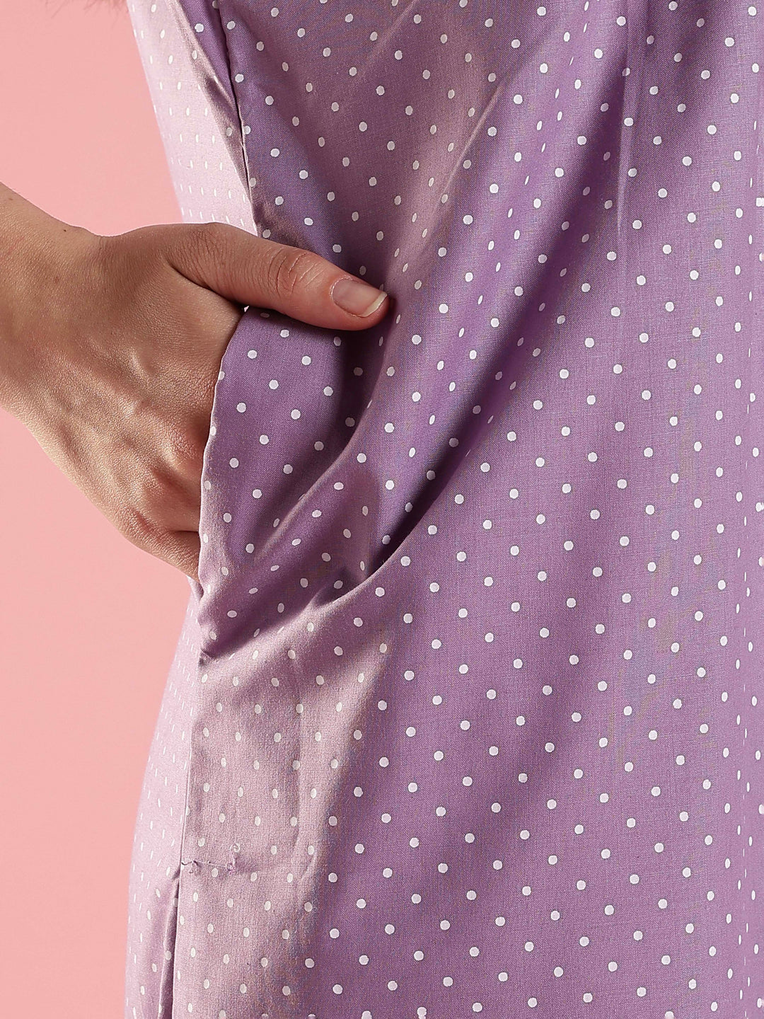 Purple Polka Cotton Sleeveless Nighty with Lace Yoke Detail