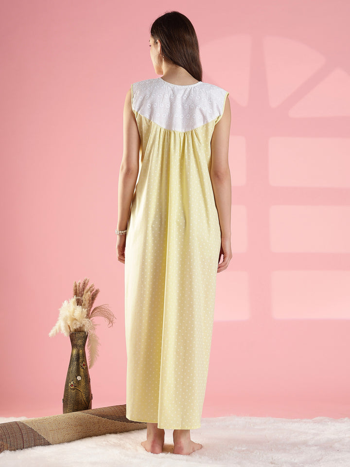 Lemon Yellow Cotton Sleeveless Nighty with Lace Yoke Design
