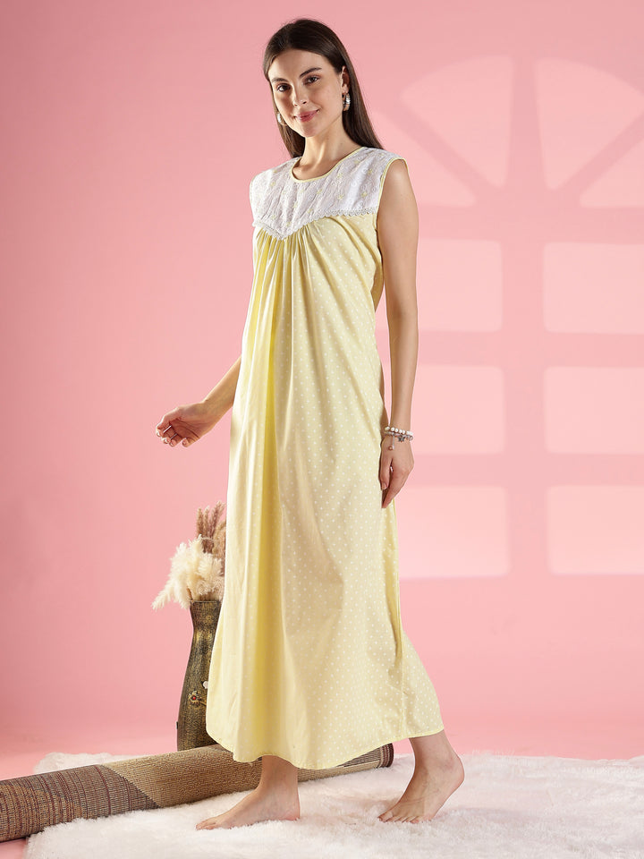 Lemon Yellow Cotton Sleeveless Nighty with Lace Yoke Design