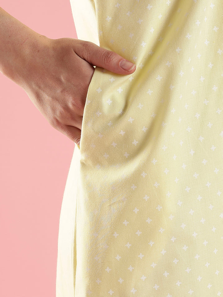 Lemon Yellow Cotton Sleeveless Nighty with Lace Yoke Design