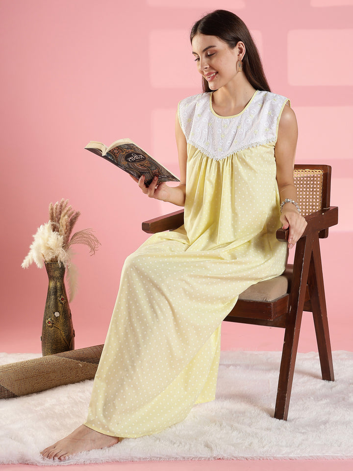Lemon Yellow Cotton Sleeveless Nighty with Lace Yoke Design