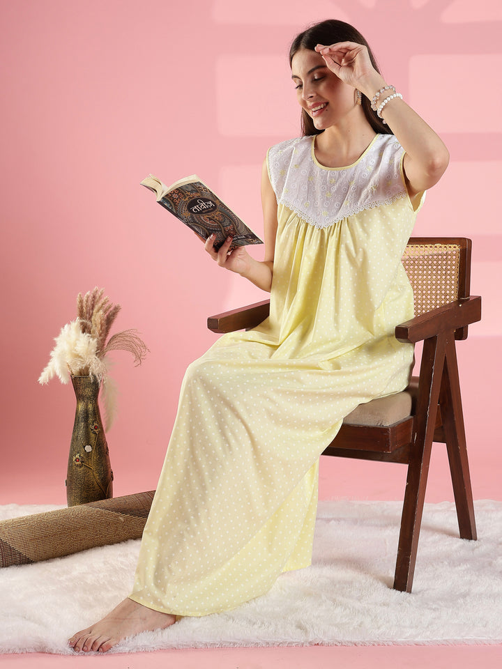 Lemon Yellow Cotton Sleeveless Nighty with Lace Yoke Design