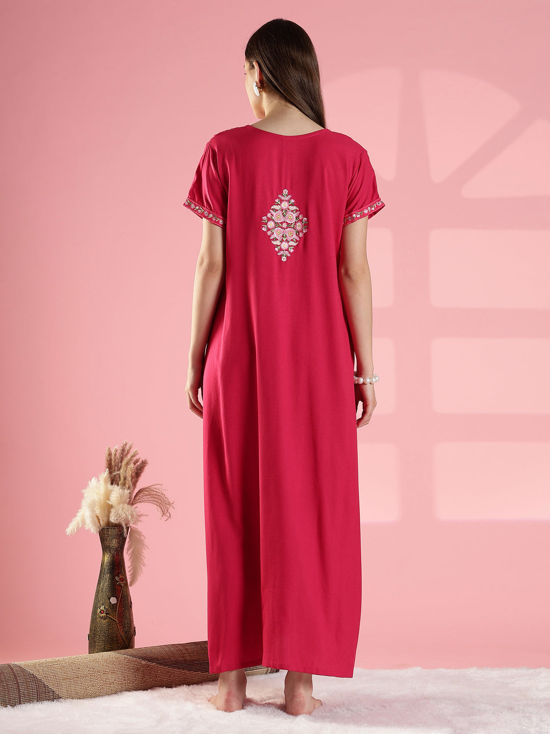 Raatrani Pink Alpine Designer Nighty - Stylish Comfort with Intricate Embroidery