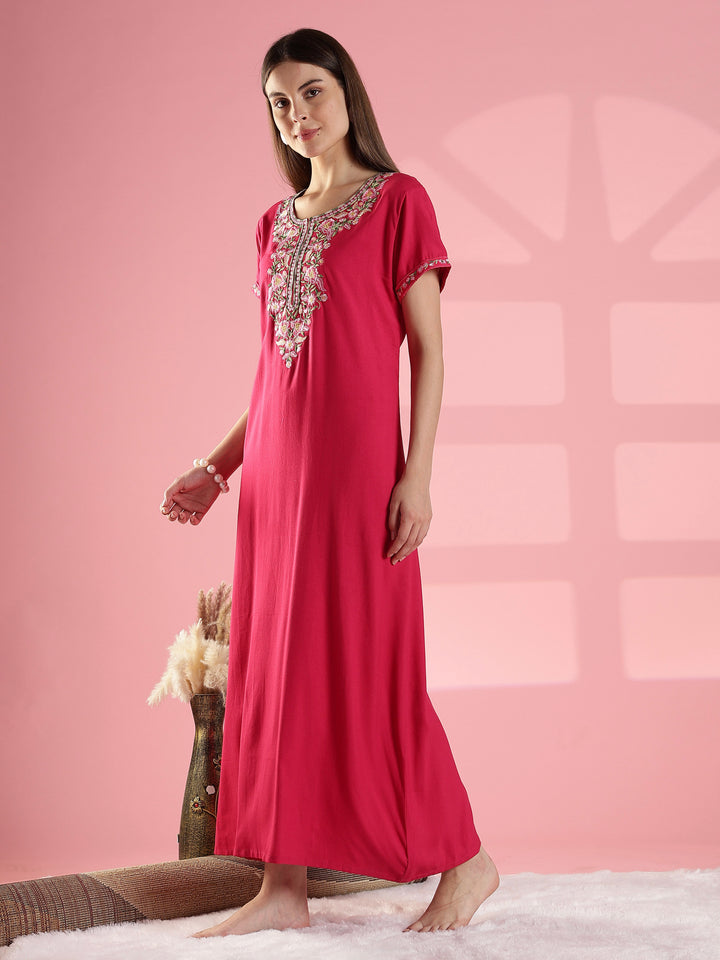 Raatrani Pink Alpine Designer Nighty - Stylish Comfort with Intricate Embroidery