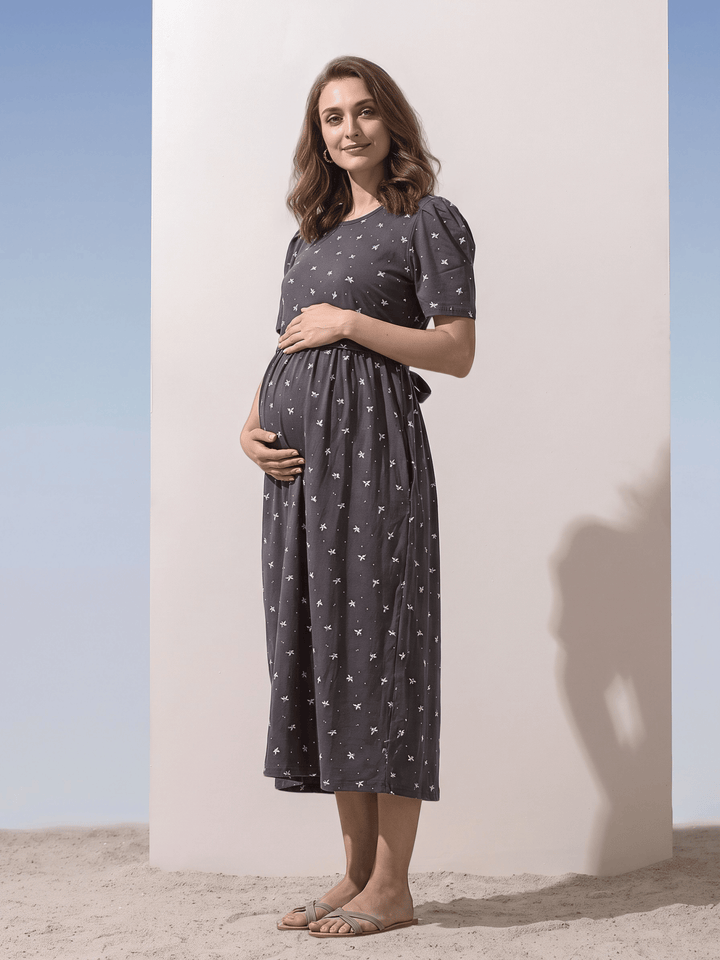 Curly Blue Swirl Print Cotton Maternity Nighty with Feeding Flap