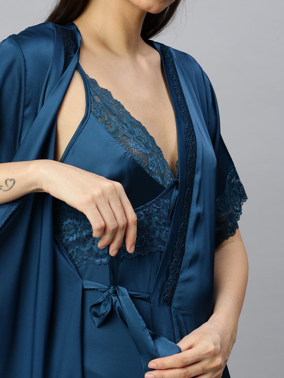 Satin luxury robe with Long Gown | Turquoise Blue