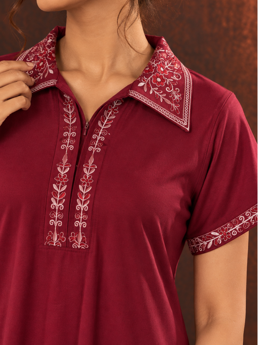 Collared Alpine Nighty with Embroidered Placket and Pocket in Dark Red
