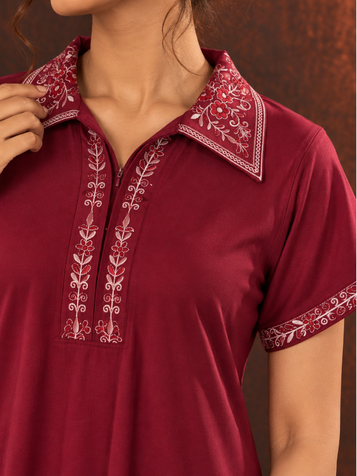 Collared Alpine Nighty with Embroidered Placket and Pocket in Dark Red