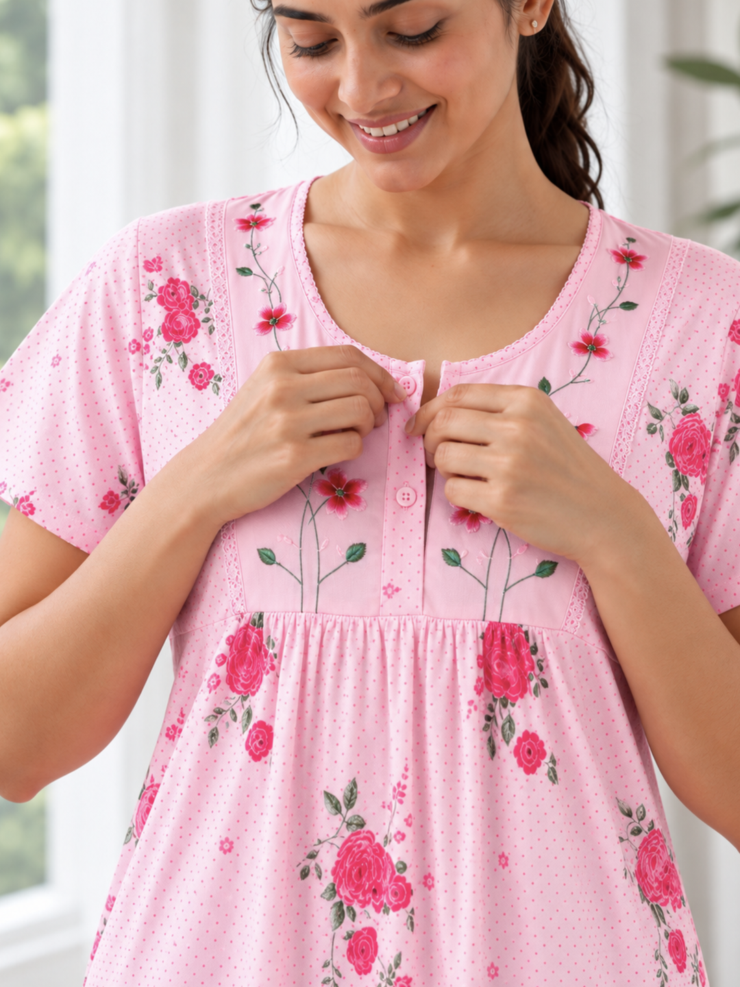 Rose Embroidered Cotton Blend Nightdress for Women