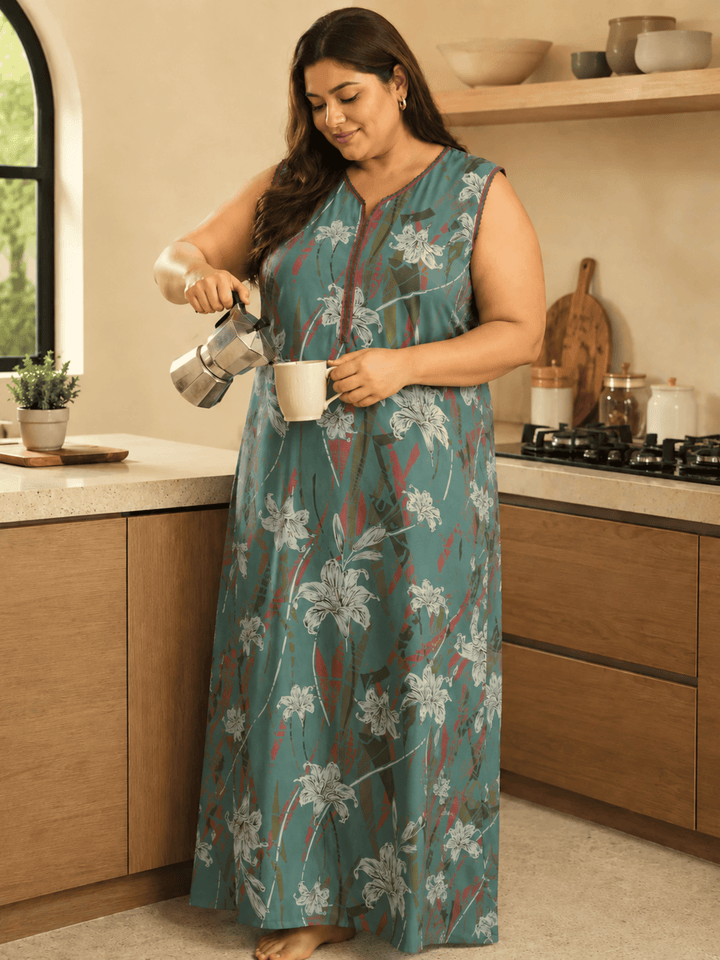 Saheli Dreamy Green Alpine Sleeveless A Line Nighty for Women